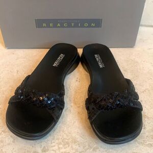 Kenneth Cole Reaction Glamster black sequin braided strap sandals. New in box. 6
